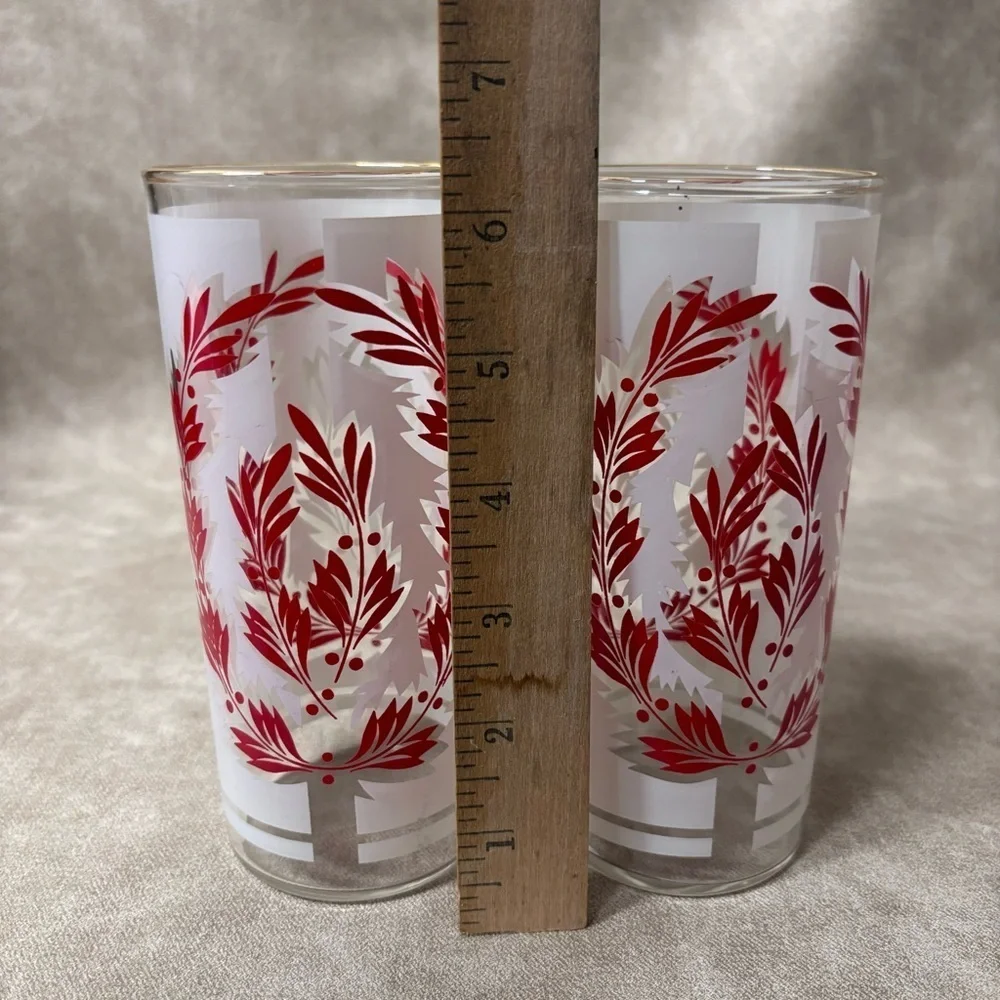 2 MCM Vintage Red Gold Leaf Frosted Tall Glasses Tumblers